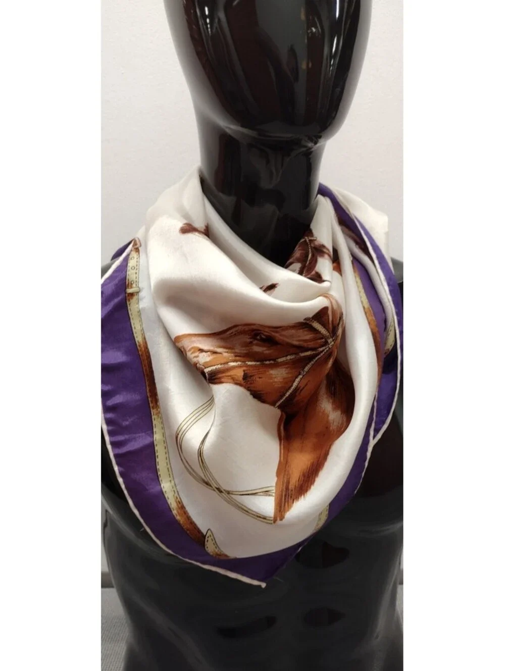 Vintage 40s 5os Horses Satin Brown Scarf Mens Country Chic Ranchwear Horse Faces